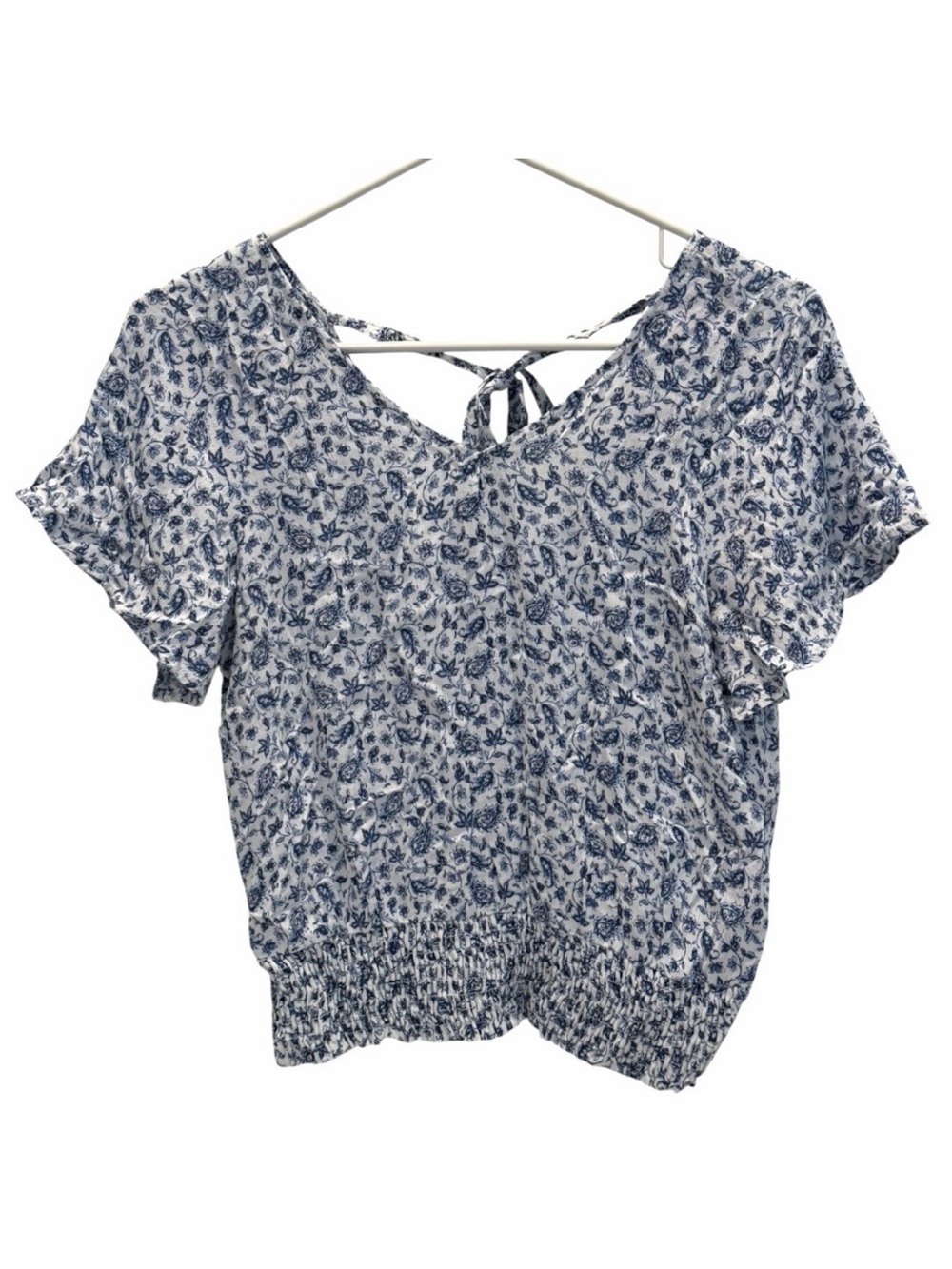 Paper Crane Womens XS Blouse V-Neck Flutter Sleeve Smocked Hem Blue White